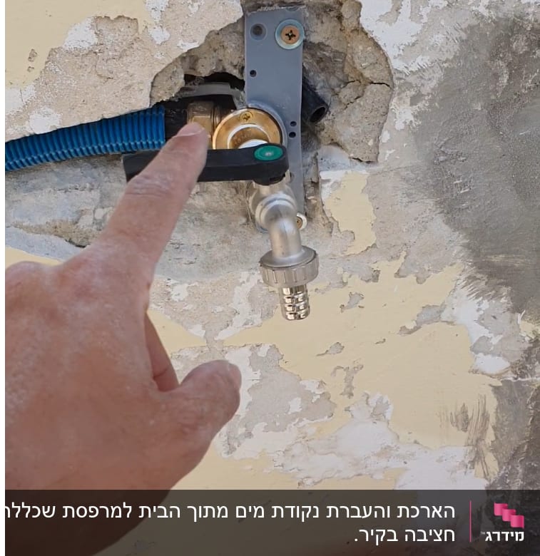 יד מצביעה על ברז מים בקיר עם צינור כחול